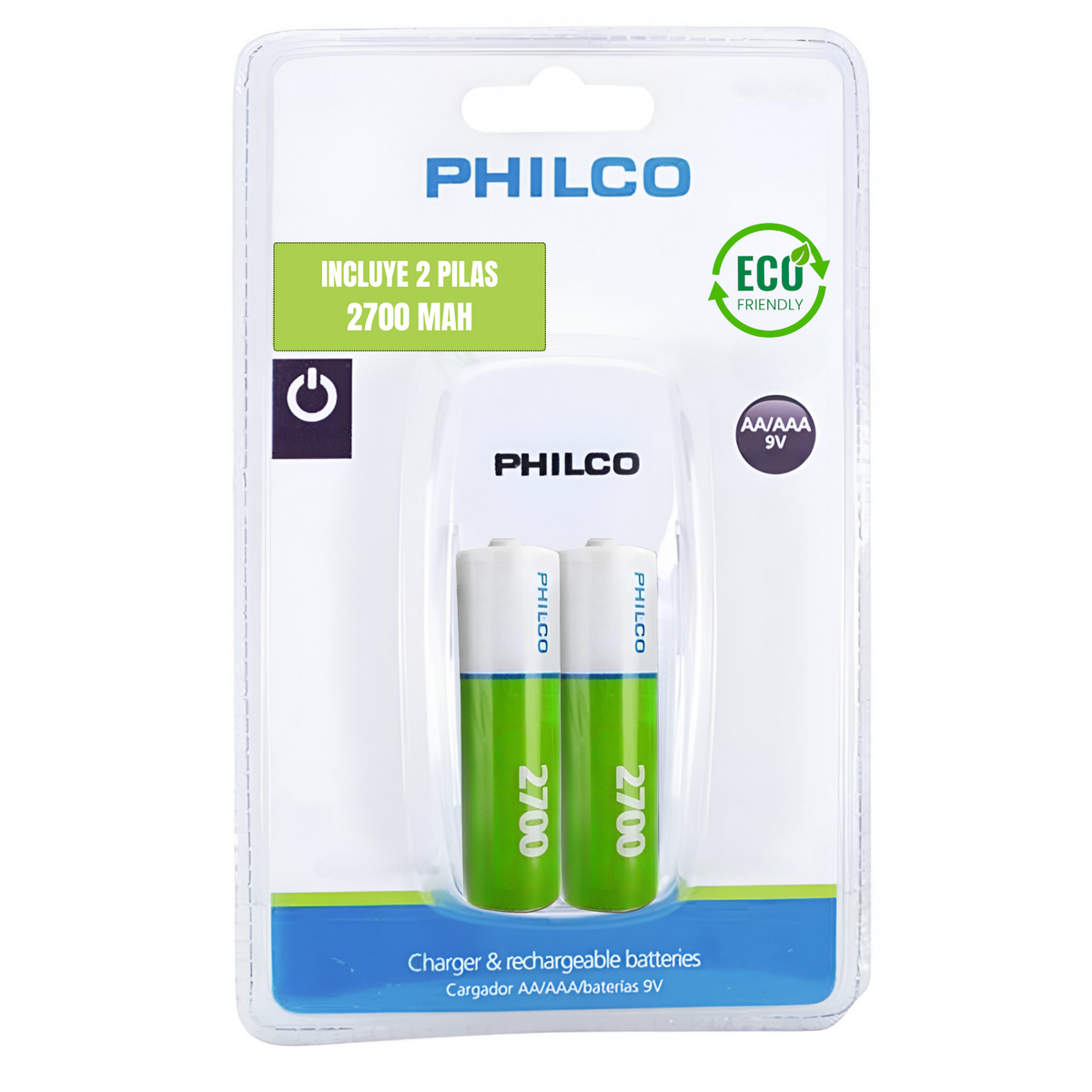 Cargador de Pilas Recargables + 2 Pilas AA 2700 mAh 9580F