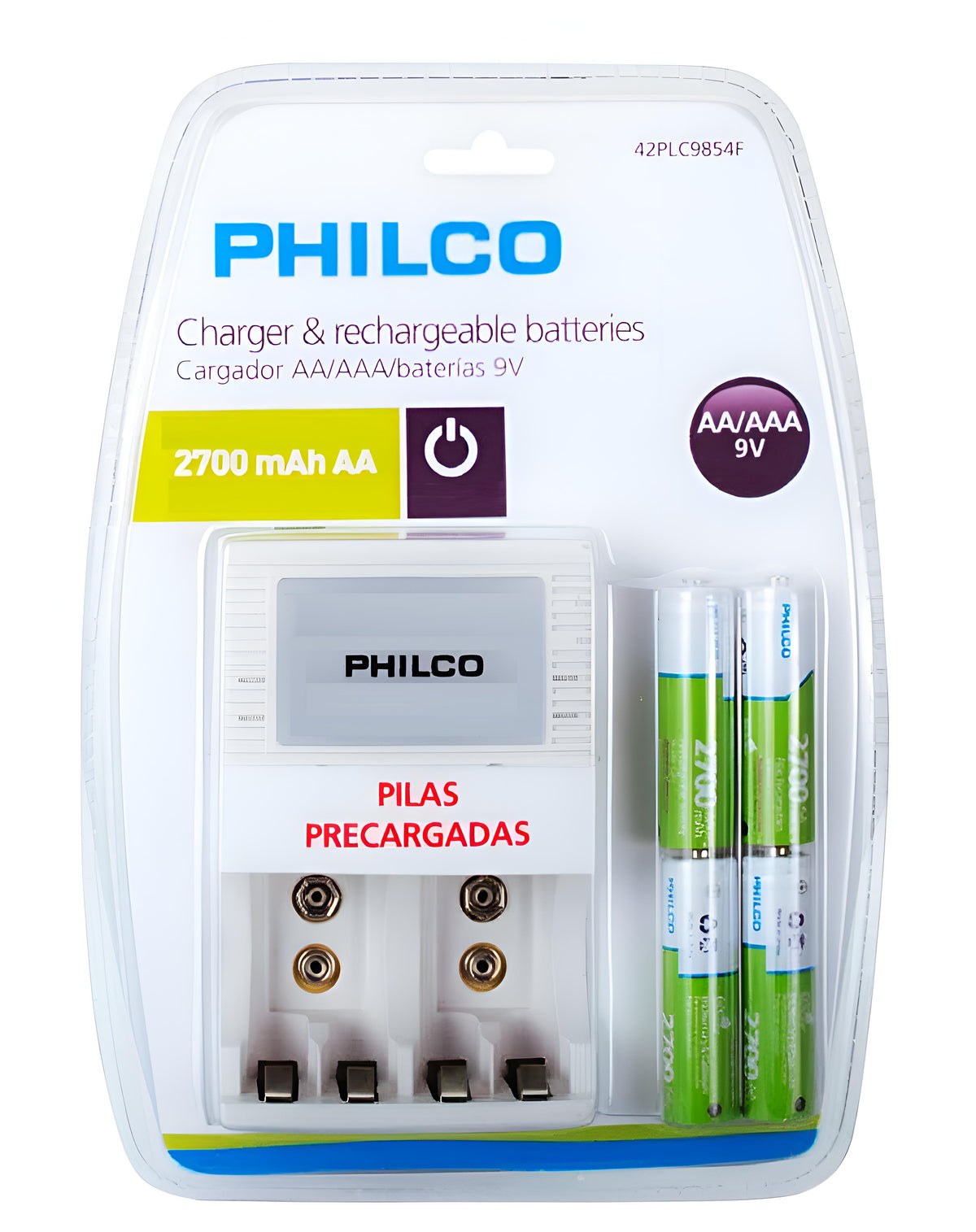 Cargador De Pilas + 4 Pilas AA 2700 mAh Pre Cargadas Philco