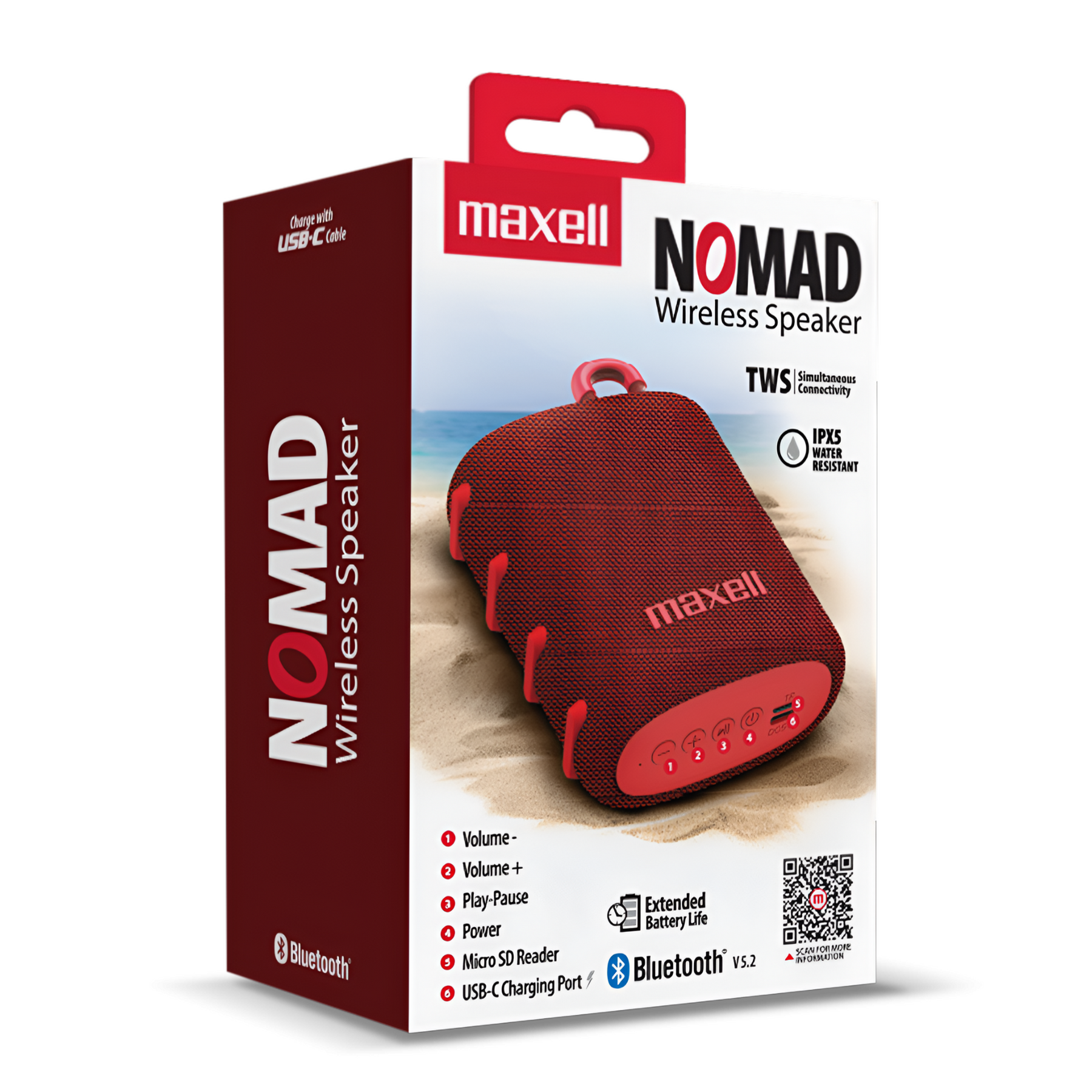 Parlante Portatil Maxell Water Resistant IPX5 Nomad Rojo 5W