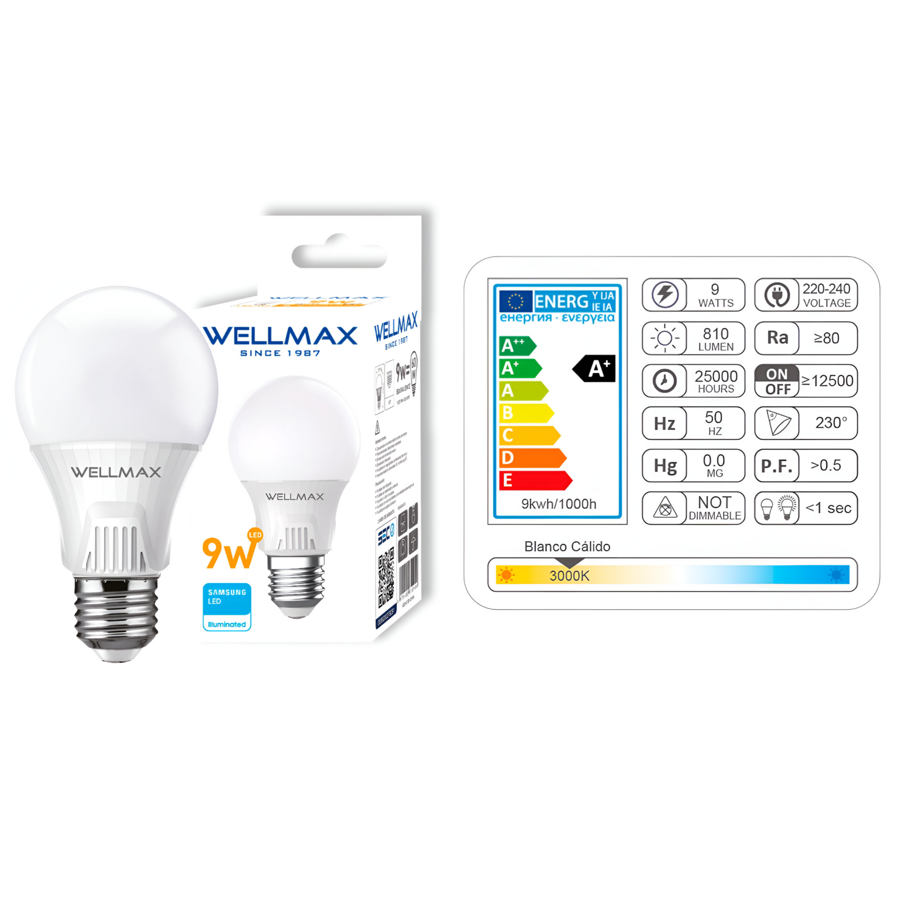 Ampolleta LED Wellmax E-27 9W Luz Calida 810Lm LED Samsung